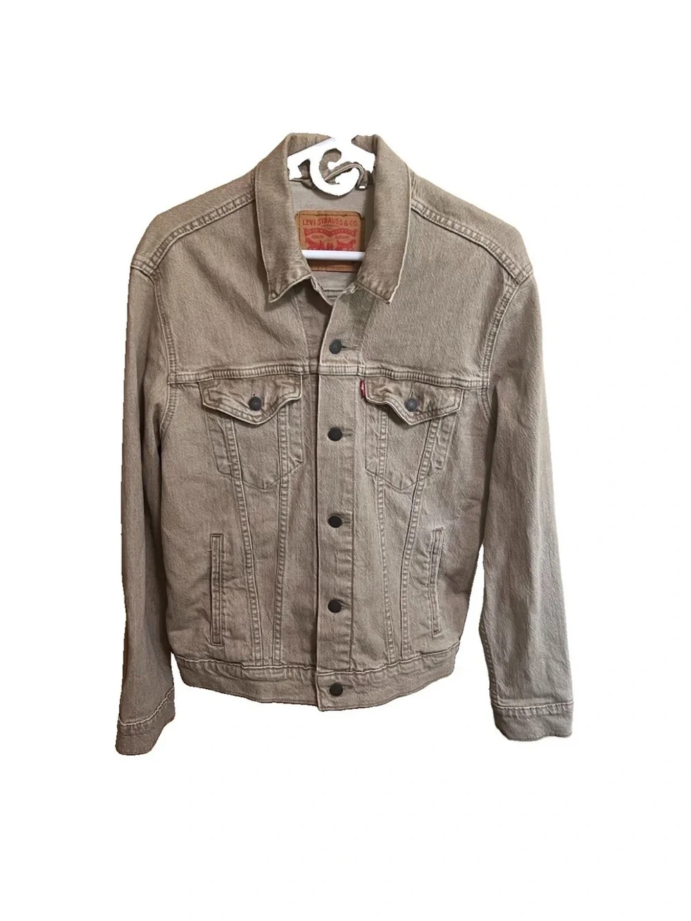 Levi’s 72334 Men's Size M Tan Beige Denim Trucker Jacket Stretch 21x26